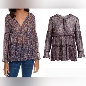 JOIE Silk Shawnita Split-neck Printed Sheer Top In Bella Rose size S pristine